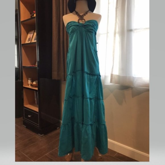 (AA10) - USED-LIKE-NEW Neck Tie Aqua Green Maxi Dress - Picture 1 of 1